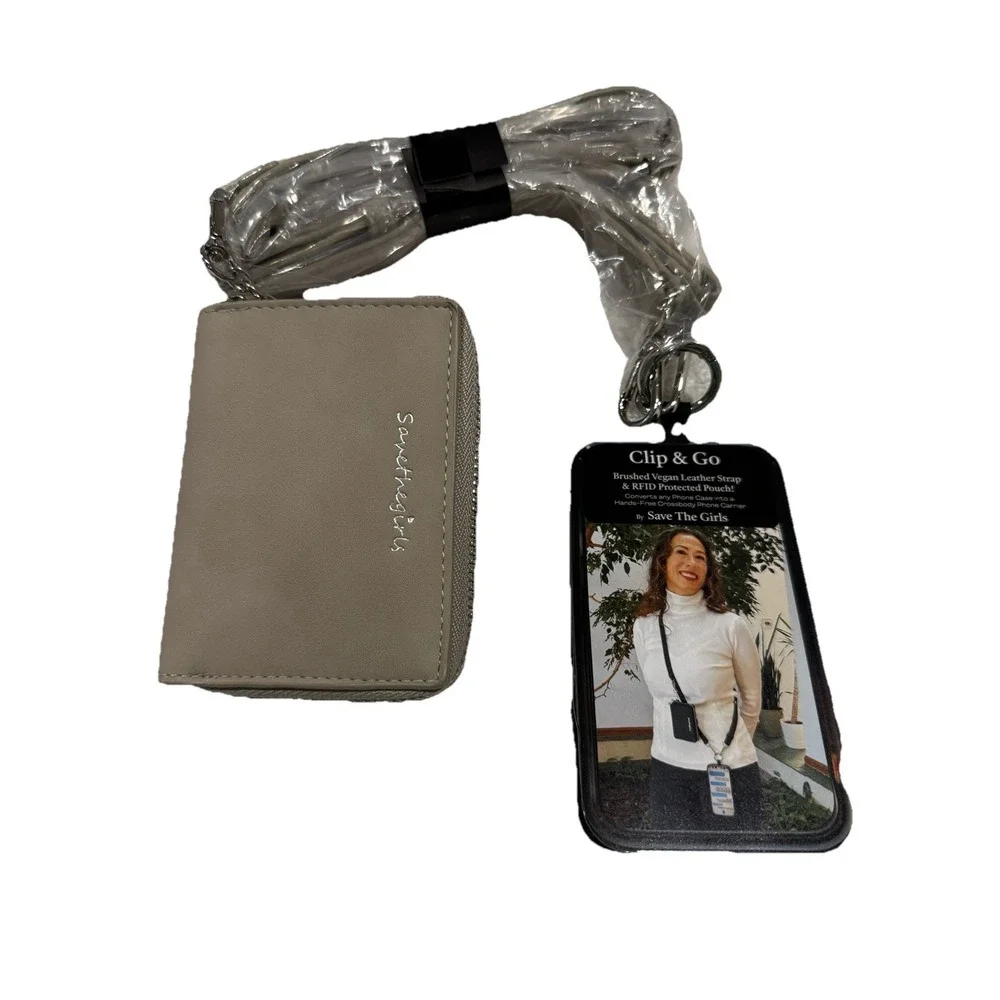 SAVE THE GIRLS RFID VEGAN LEATHER TAUPE UNIQUE POUCH CLIP & GO CELL PHONE STRAP